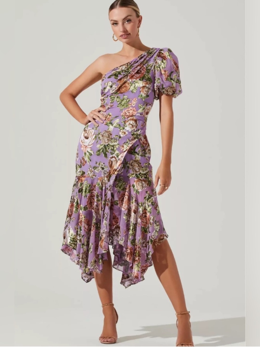 ASTR Santorini Floral One Shoulder Midi Dress Lilac multi floral Size 2 NWT